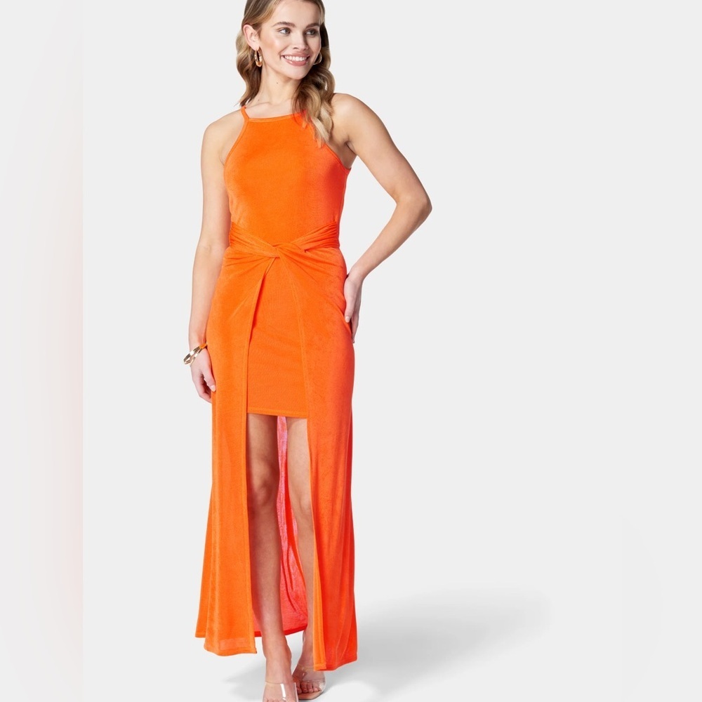 Bebe OVERLAY Skirt Underneath SLINKY KNIT DRESS Tangelo XXS
